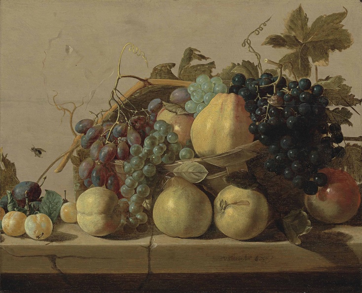 HEUSSEN CLAES VAN FRUIT ON STONE LEDGE WITH FLY ON WALL