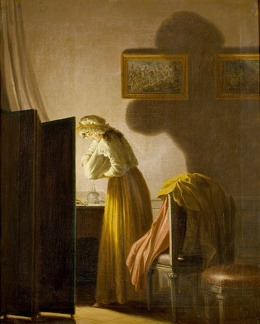 HILLESTROM PEHR WOMAN PICKING FLEAS BY CANDLELIGHT STOCK