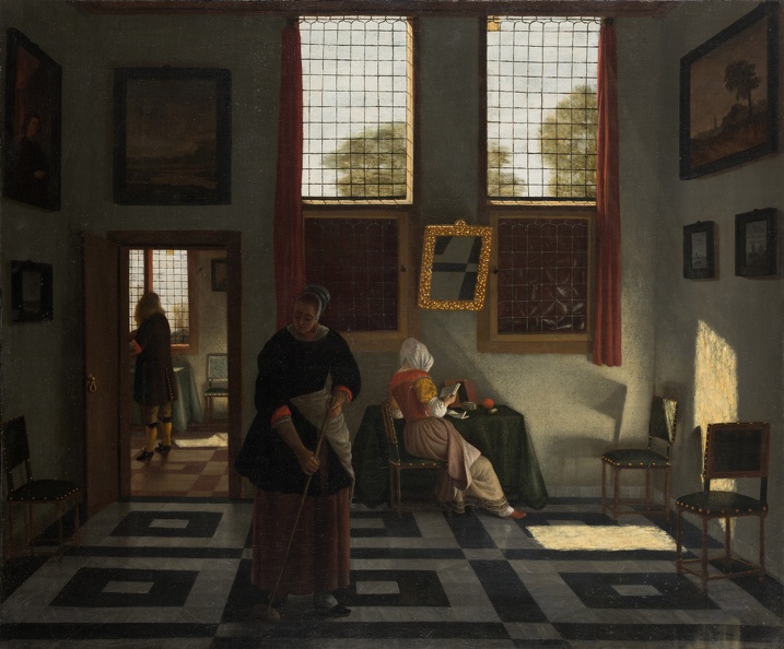 JANSSENS PIETER ELINGA INTERIOR WITH PAINTER WOMAN READING AND MAID SWEEPING 1665 70 1600S