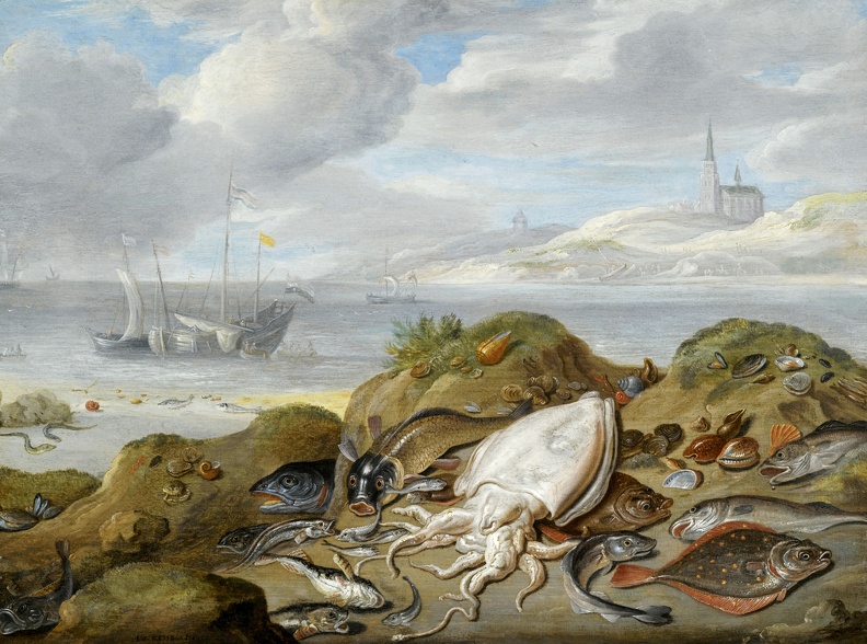 KESSEL_JAN_VAN_YOUNGER_STILLIFE_CUTTLE_FISH_PLAICE_COD_MUSSELS_AND_OTHER_FISH_ON_DUNE_CHURCH_ACROSS_RIVER_ESTUARY_BEYOND_SOTHEBY.JPG