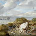 KESSEL JAN VAN YOUNGER STILLIFE CUTTLE FISH PLAICE COD MUSSELS AND OTHER FISH ON DUNE CHURCH ACROSS RIVER ESTUARY BEYOND SOTHEBY