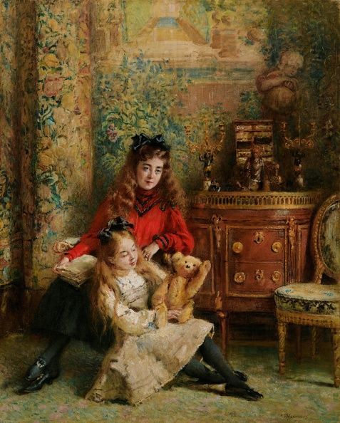 MAKOVSKY KONSTANTIN PRT OF ARTISTS DAUGHTERS OLGA AND MARINA WITH TEDDY BEAR