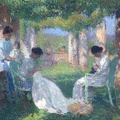 MARTIN HENRI JEAN WOMEN SEWING IN GRAND PERGOLA IN PARK OF MARQUAYROL