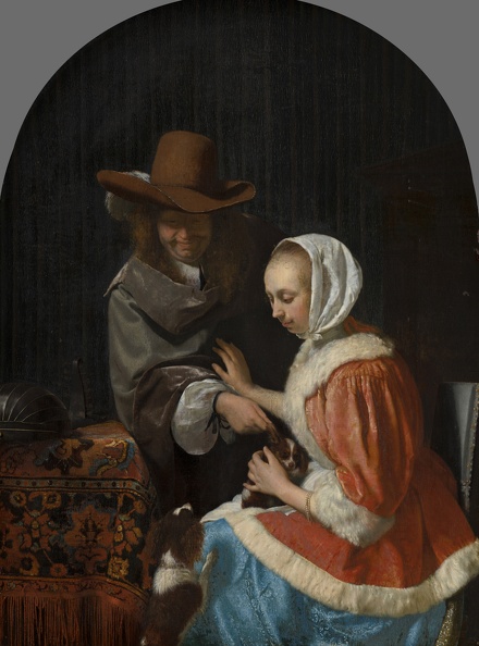 MIERIS FRANS VAN YOUNGER PRT OF MAN AND WOMAN TWO DOGS KNOWN AS TEASING PET MAUR