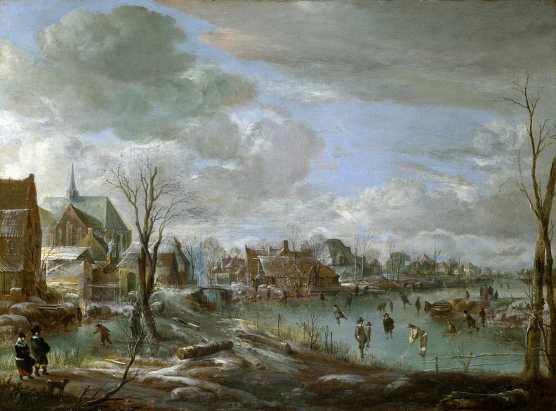 NEER AERT VAN DER FROZEN RIVER NEAR VILLAGE WITH GOLFERS AND SKATERS LO NG
