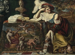 PSEUDO CAROSELLI LADY SEATED AT TABLE DRAPED WITH TAPESTRY