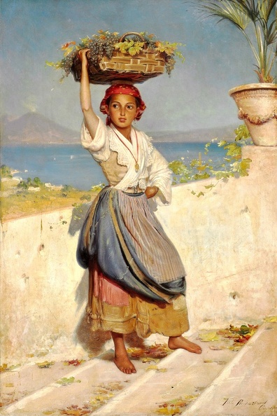 ROSENSTAND VILHELM YOUNG WOMAN FROM CPRI CRRYING BASKET FILLED GRAPES ON HER HEAD IN BACKGROUND MOUNT VESUVIUS