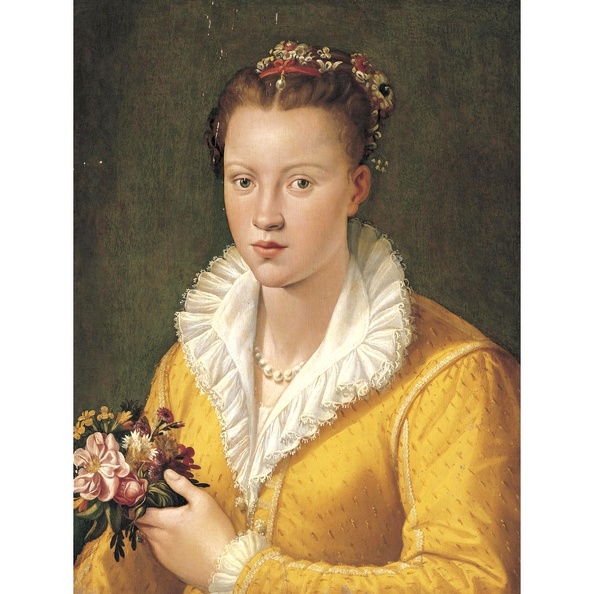 SANTI DI TITO PRT OF GIRL IN YELLOW DRESS HOLDING BOUQUET OF FLOWERS
