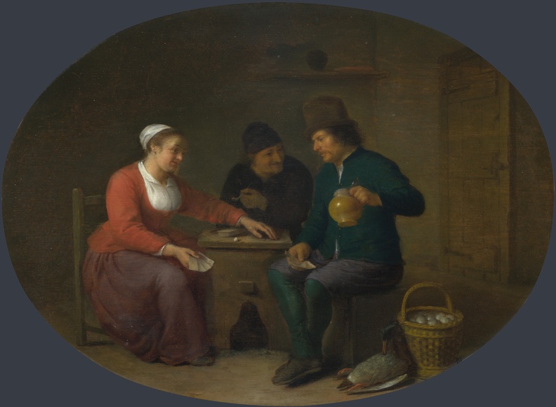SORGH HENDRICK MARTENSZ WOMAN PLAYING CARDS WITH TWO PAESANTS LO NG