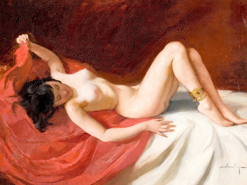 SZANTHO MARIA RECLINING NUDE ON RED BLANKET