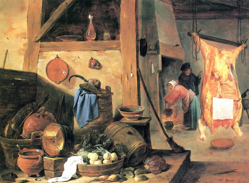 TENIERS DAVID YOUNGER KITCHEN INTERIOR STILLIFE AND SLAUGHTERED OX