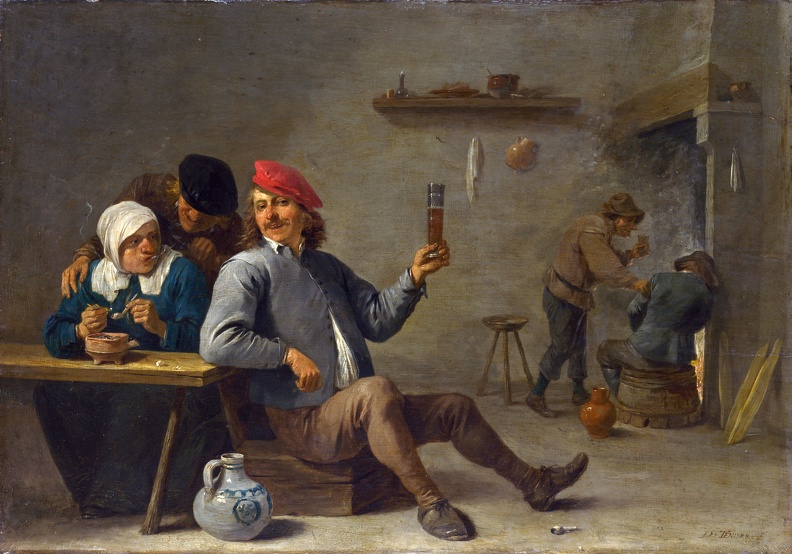 TENIERS DAVID YOUNGER MAN HOLDING GLASS AND OLD WOMAN LIGHTING PIPE C1645 LO NG