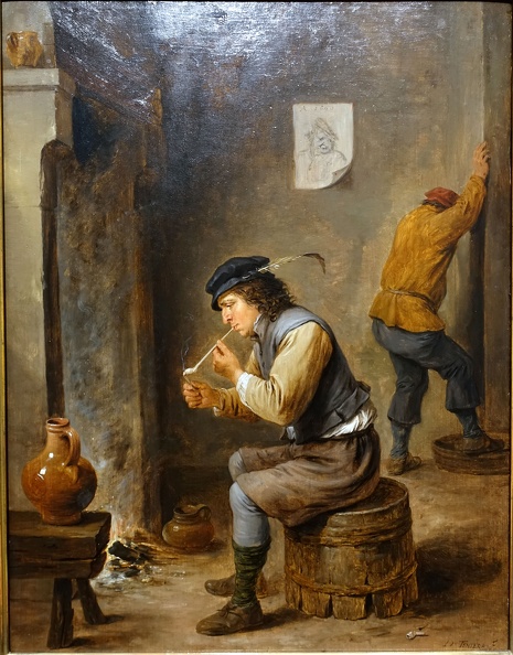 TENIERS DAVID YOUNGER SMOKER BY HEARTH 1660 LUXEMBOURG