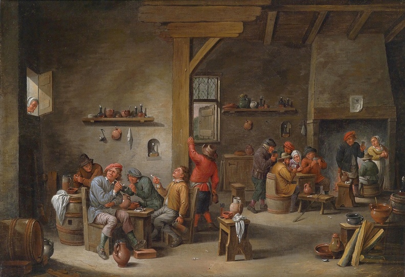 TENIERS DAVID YOUNGER TWO RUSTIC INTERIORS NUMEROUS FIGURES