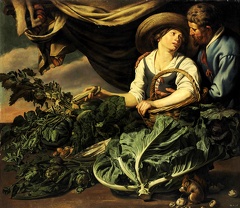 UTRECHT ADRIAEN VAN THEODOR ROMBOUTS AMOROUS COUPLE WITH LETTUCE ARTICHOKES PEAS AND OTHER VEGETABLES WITH SQUIRREL