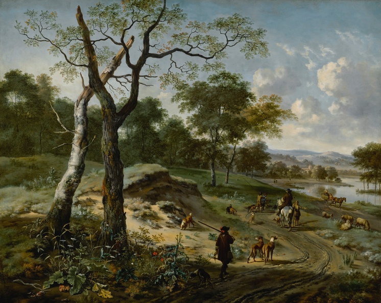 VELDE ADRIAEN VAN DE WOODED EVENING LANDSCAPE WITH HUNTER AND HIS DOGS