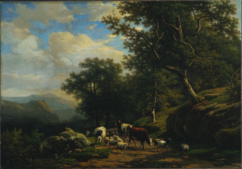 VERBOECKHOVEN EUGENE JOSEPH LANDSCAPE WITH PEASANT AND HIS FLOCK 1850S