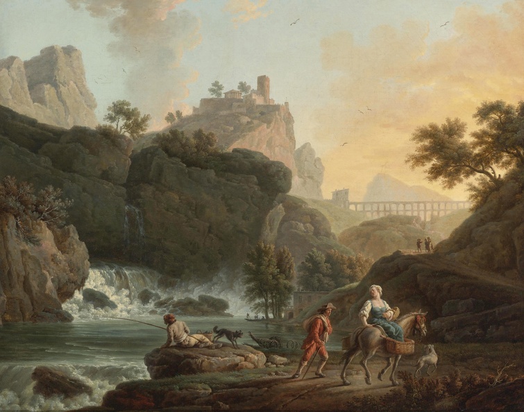 VERNET CLAUDE JOSEPH ROCKY LANDSCAPE FISHERMAN AND TRAVELLERS BY RIVER WATERFALL SOTHEBY