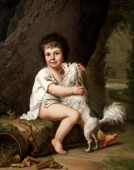WERTMULLER ADOLF ULRIK PRT OF TWO YEAR OLD HENRI BERTHOLET CAMPAN WITH HIS DOG ALINE 1786