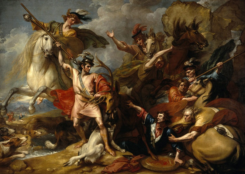 WEST_BENJAMIN_ALEXANDER_III_OF_SCOTLAND_RESCUED_FROM_FURY_OF_STAG_BY_INTREPIDITY_OF_COLIN_FITZGERALD_DEATH_OF_STAG_1786.JPG