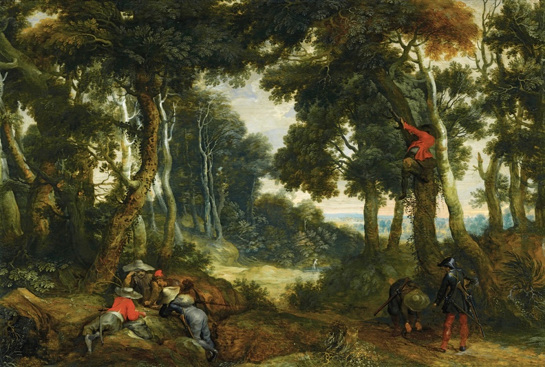 WILDENS_JAN_WOODED_LANDSCAPE_BRIGANDS_PLAYING_DICE_ANOTHER_BRIGAND_UP_IN_TREE_ON_LOOKOUT.JPG