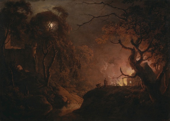 WRIGHT OF DERBY JOSEPH COTTAGE ON FIRE AT NIGHT GOOGLE