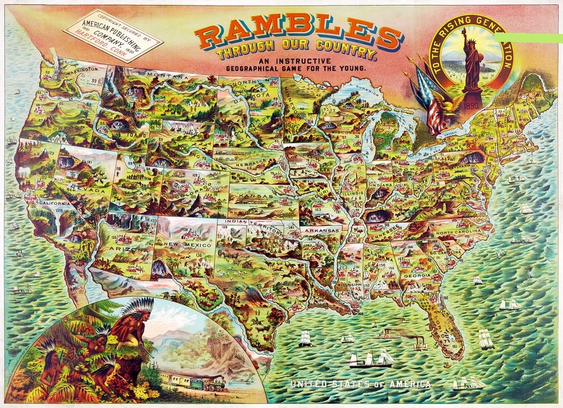  POSTER RAMBLES THROUGH OUR COUNTRY INSTRUCTIVE GEOGRAPHICAL GAME FOR YOUNG 1890